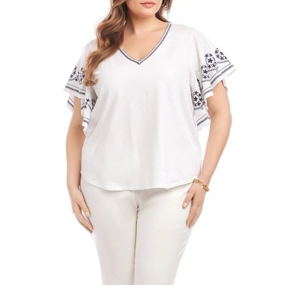 Karen Kane In The Spirit Womens 2X White Embroidered Flutter Sleeve V Neck‎ Top - Picture 2 of 11
